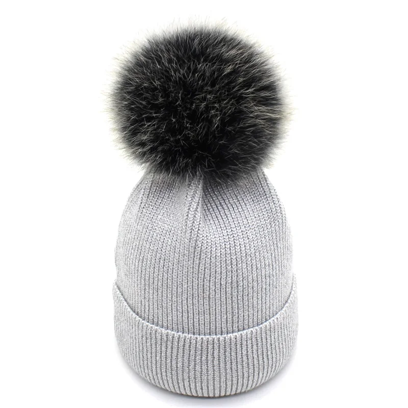 

Lanxxy New 2018 Silver silk Knitted Wool Hat Women Pompom Caps Real Fox Fur Winter Hats Female Skullies Cap Beanies Gorro