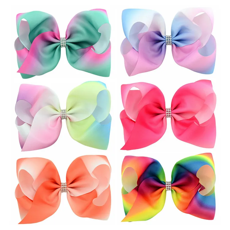 

Rainbow Gradient Color Girls Hair Bows with Rhinestone Hairpins Ribbon 8 Inch Bow Hair Clip Headwear Kids Hair Accessories
