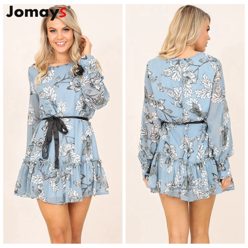 Jomays Women Spring Summer Mini Dress Vintage Floral Print Ruffle Bandage Long Sleeve Vacation Casual Vestido | Женская одежда