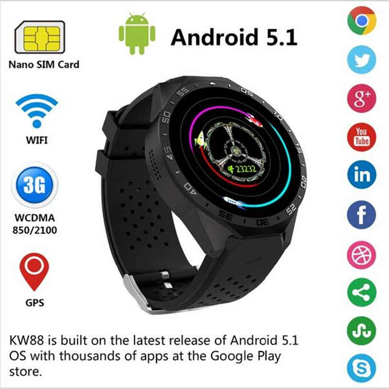 KW88 Android 5 1 Amoled экран 3g Smartwatch телефон MTK6580 четырехъядерный 512 МБ ОЗУ 4 Гб ПЗУ gps датчик