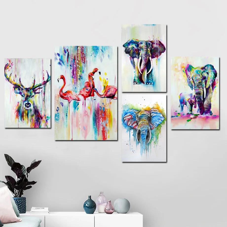 

Abstract Animal Flamingo Deer Elephant Modern Art Wall Painting Poster Vintage Canvas Print Nordic Decoration Home Pictures