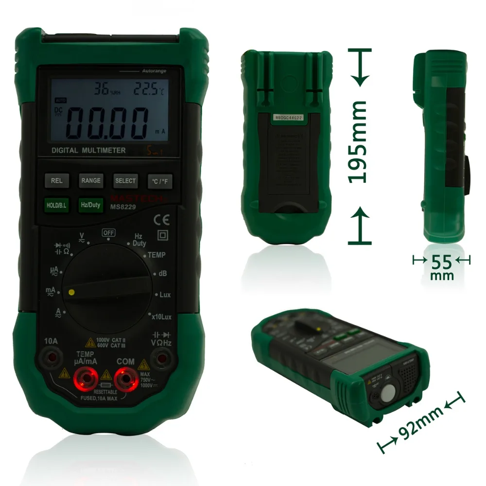 BSIDE MS8229 5 in1 Auto range Digital Multimeter Multifunction Lux Sound Level Temperature Humidity Tester Meter |
