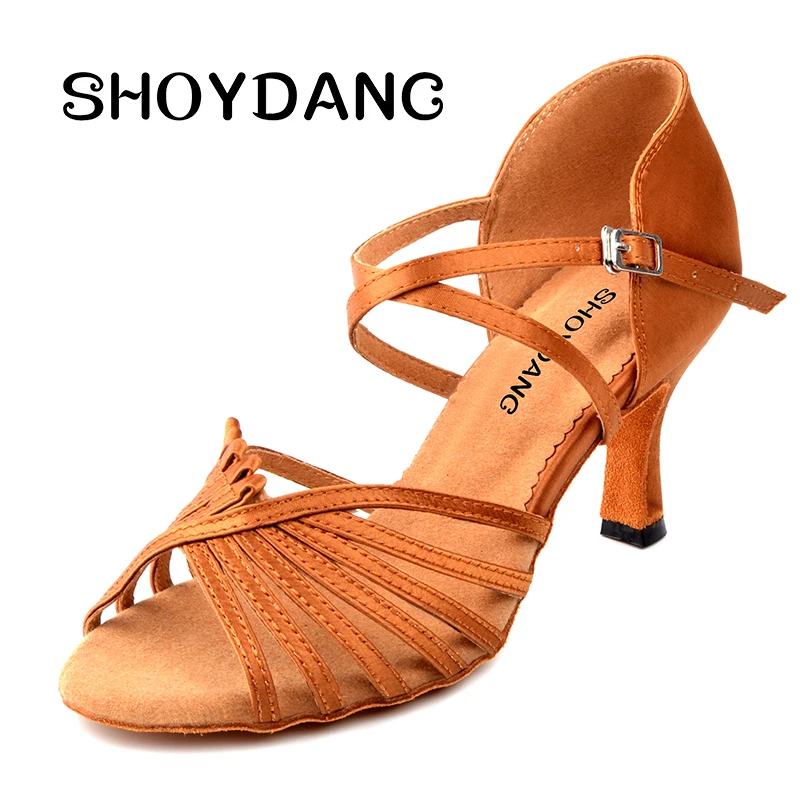 

SHOYDANC Woman Bronze Satin Tan Dancing Ballroom Shoe Women Wide Width Custom Heels Salsa Latino Women's Latin Dance Shoes
