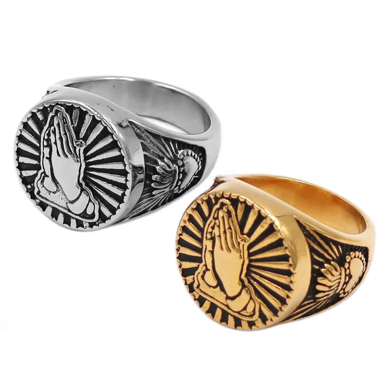 Золото молитвы руки благословит перстень Нержавеющая сталь религиозная