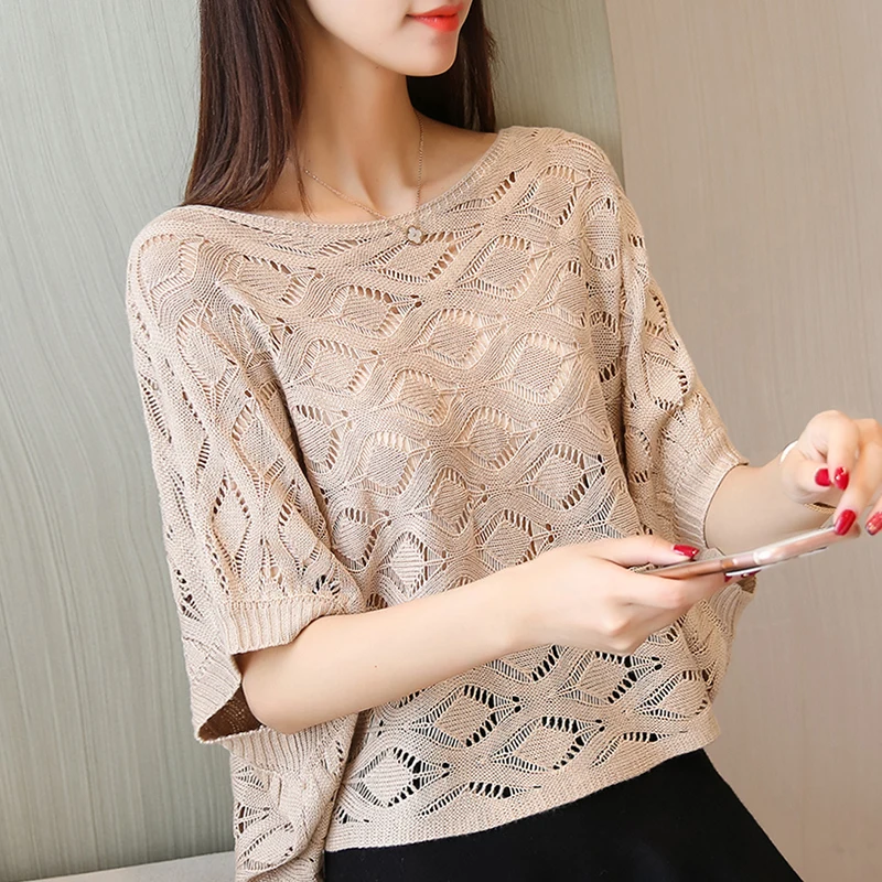 short sleeved women's hollow blouse loose fitting spring summer coat 2018 new bat style college breeze | Женская одежда