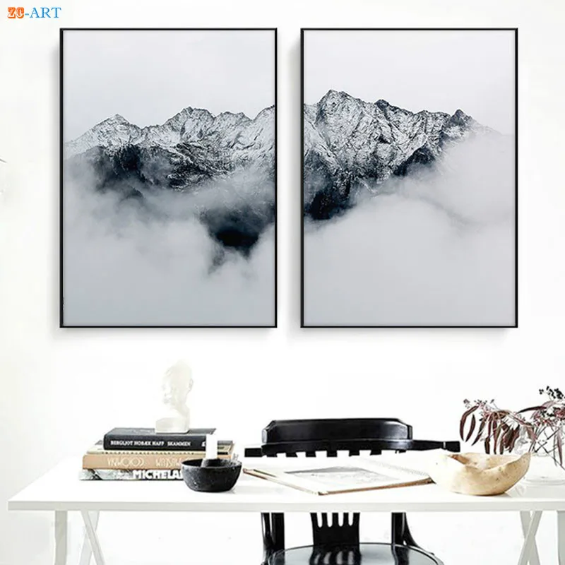 Горный принт Черный и белый Wall Art Природный Пейзаж Плакат пейзаж живопись холст