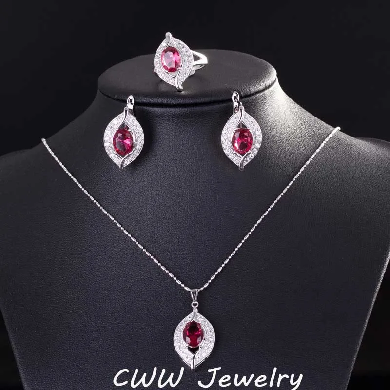 Rose red CWWZircons Высокое качество Красный Кристалл 925 пробы Серебряное ожерелье серьги и кольцо наборы ювелирных изделий для женщин Рождественский подарок T192 - Окраска металла: Rose red