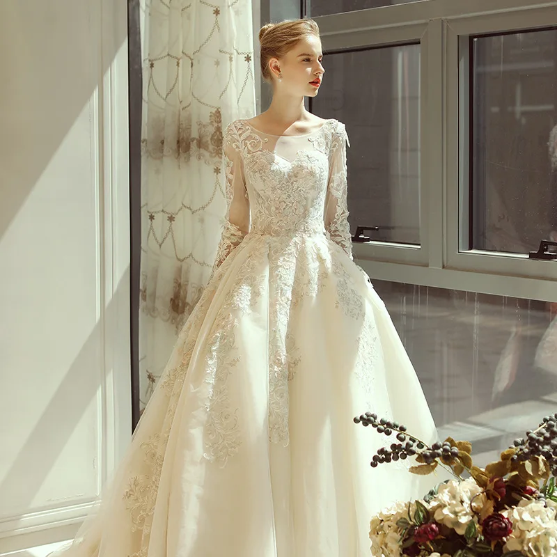 Свадебное платье с длинными рукавами 2019 Свадебные платья глубоким вырезом на