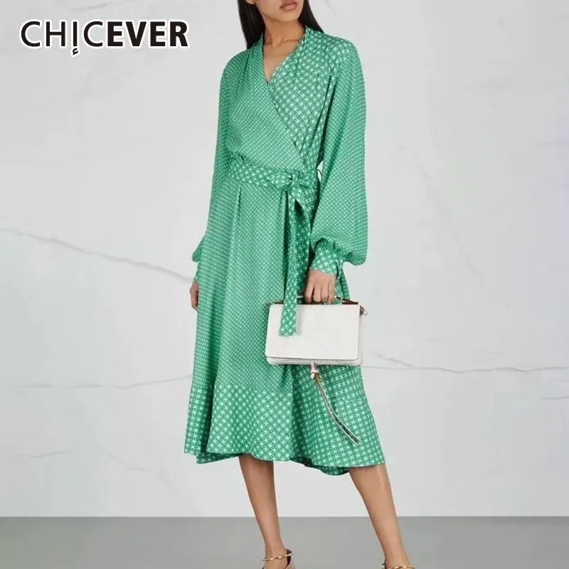 CHICEVER винтажное платье с высокой талией женское v-образный вырез рукав-фонарик
