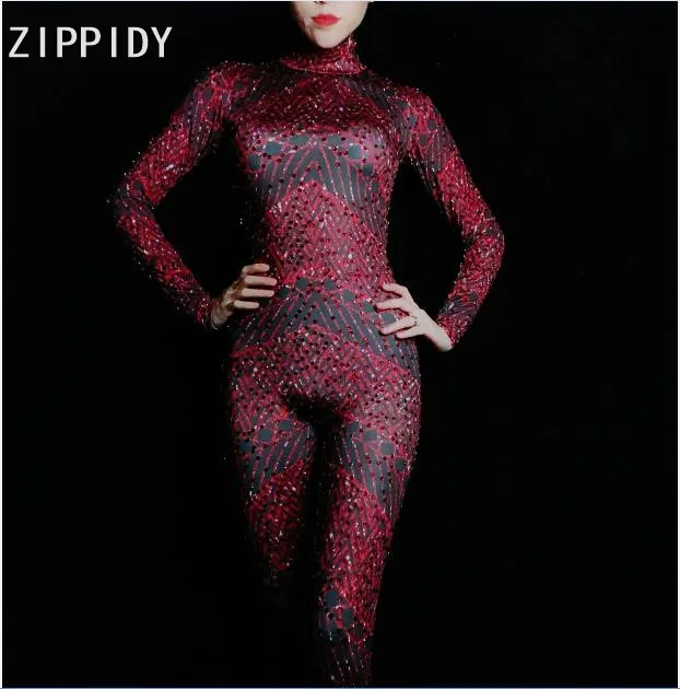 Full Red Rhinestones Spandex Bling Jumpsuit Women's Birthday Party Celebrate Outfit Bar Female Singer Bodysuit Evening Clothes