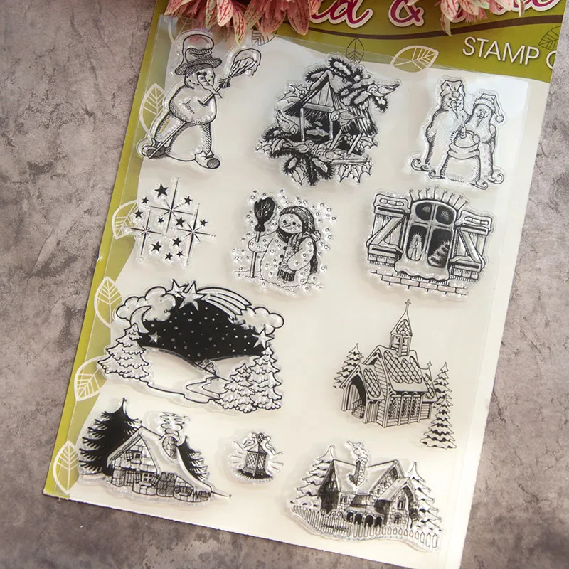 Фон с изображением зимы снеговика Снежный домик прозрачный силиконовый штамп