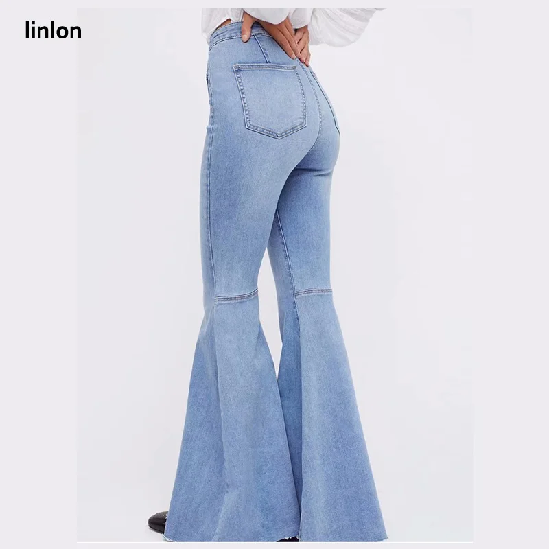 LINLON 2018 New Fashion Full-length Bell-Bottoms flare pants mid-waist light washed regular Spliced Trousers women jeans female |