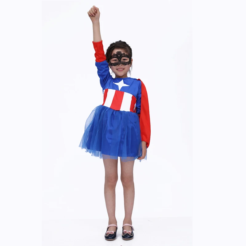 Free shipping 2016 Halloween children's clothing for girls Captain America Suit Set Cosplay Children's Day performance |