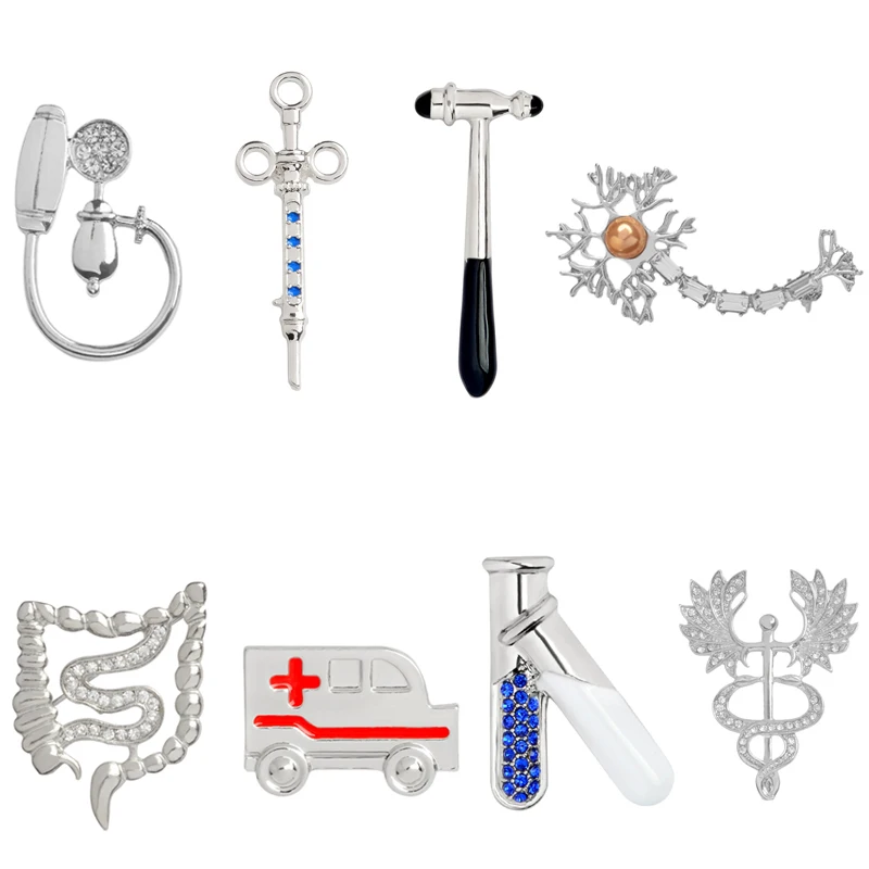 

Metal Medical Pin Doctor Badge Test Tube Reflex Hammer Syringe Ambulance Blood pressure meter Neuron Caduceus Intestinal Brooch