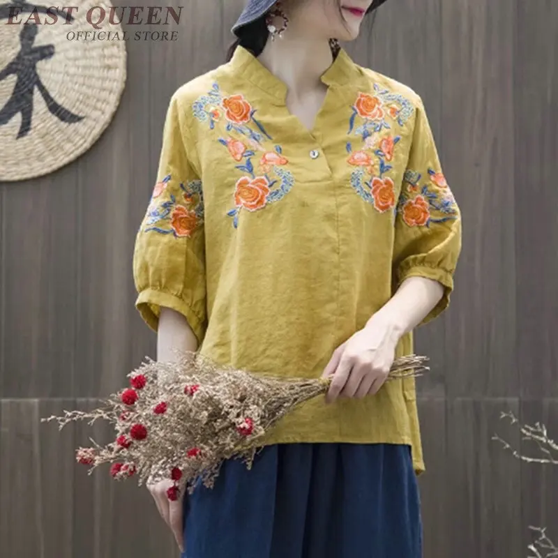 Блузка женская с вышивкой пышными рукавами из хлопка и льна|Топы| |