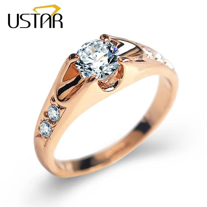 

USTAR Top quality Austria Crystals wedding Rings for women Rose Gold color Engagement Rings Female Anel Bijoux Party Christmas s