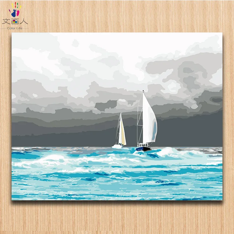 Yacht boat Blue ocean pictures painting by numbers with colors modren simple canvas paintings for children | Дом и сад