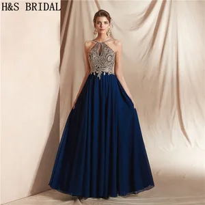 H&S BRIDAL Women Formal Dress Long Royal Blue Chiffon Evening Dresses Gold Appliques prom dresses vestido de festa longo