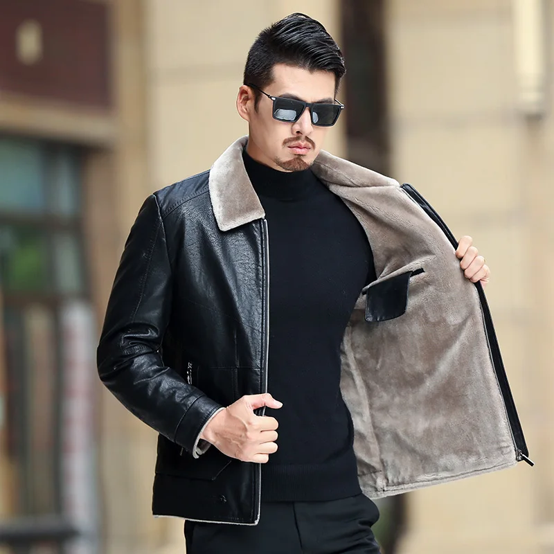 2018 new Men Sheep skin Jacket Faux Fur Fleece Motorcycle Bomber Black Leather Coats Male Outerwear Winter Keep warm | Мужская одежда