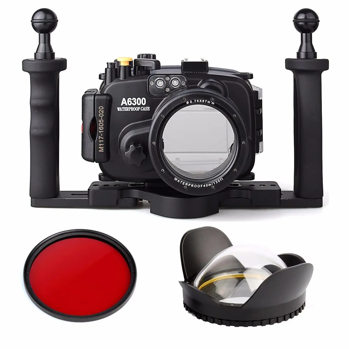 

Meikon 40m/130ft Waterproof Underwater Camera Housing Case for A6300 16-50mm Lens + Tray + Red Filter + 67mm Round Fisheye