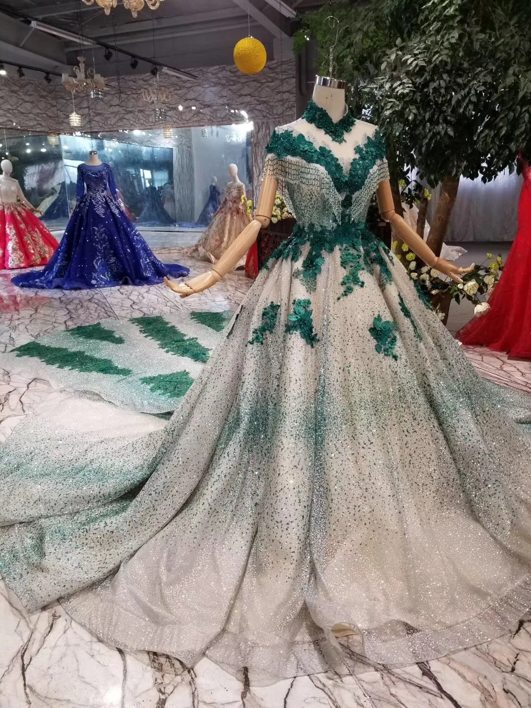 Женское платье с длинным шлейфом Anos Quinceanera зеленое кружевное маскарадное бисером