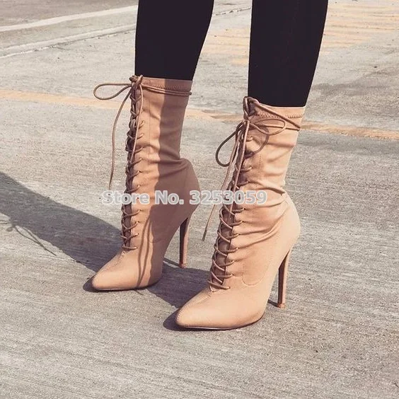 Murah Sepatu Bot Ujung Lancip Beige Wanita Muda Sepatu Bot Pertengahan Betis Ringkas Bertali Sepatu Gaun Wanita OL Merek Mewah Hak Stiletto