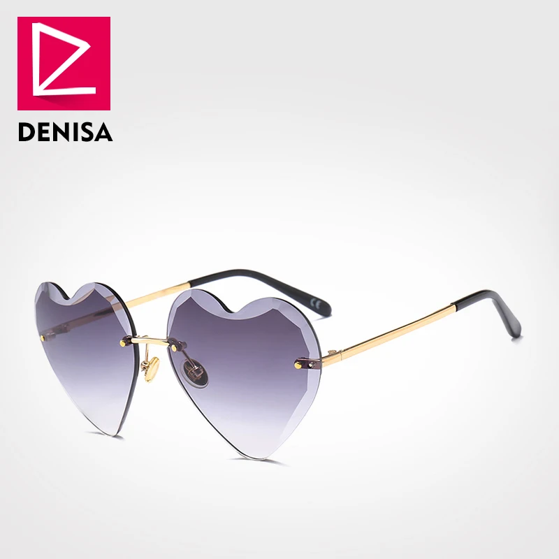 Gray Sunglasses Бренд DENISA, женские солнцезащитные очки без оправы в форме сердца,, модные женские солнцезащитные очки, в форме сердца, яркие очки для девушек, UV400, G22096 - Цвет линз: Gray Sunglasses