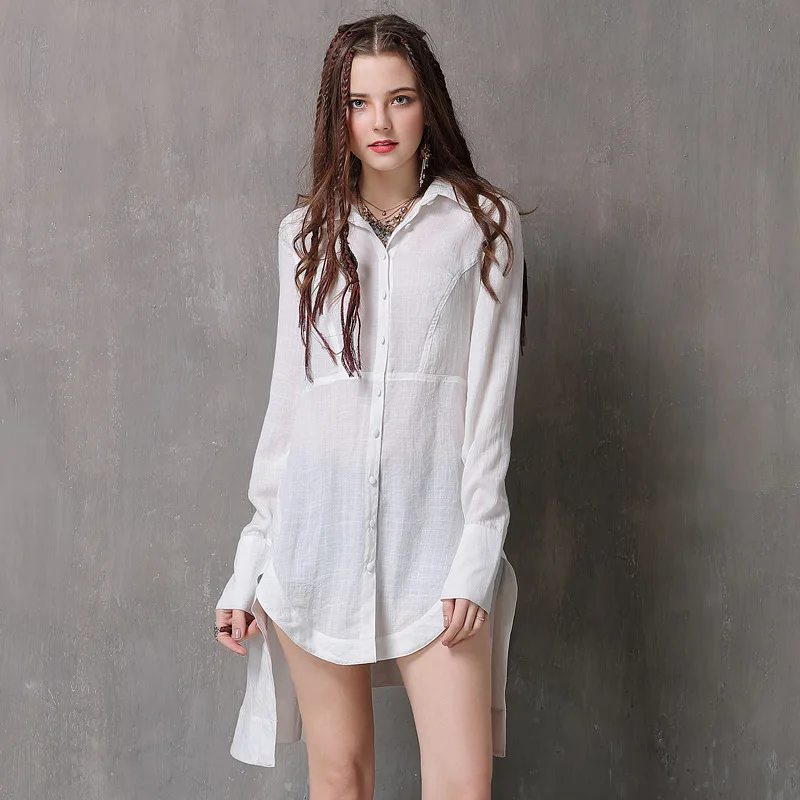 Blusas Femininas 2018 Boho хлопковая линия Женская Тонкая блузка с отложным воротником