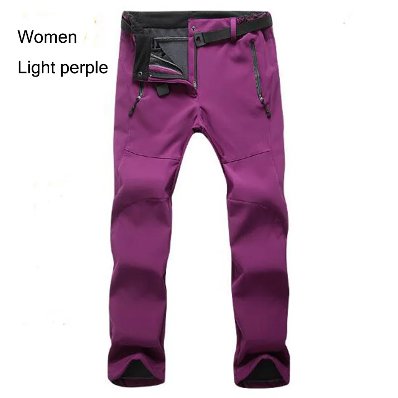 Women light purple Зимние флисовые Походные штаны для мужчин и женщин, теплые флисовые водонепроницаемые штаны, термо штаны для кемпинга, катания на лыжах, треккинга, альпинизма - Цвет: Women light purple