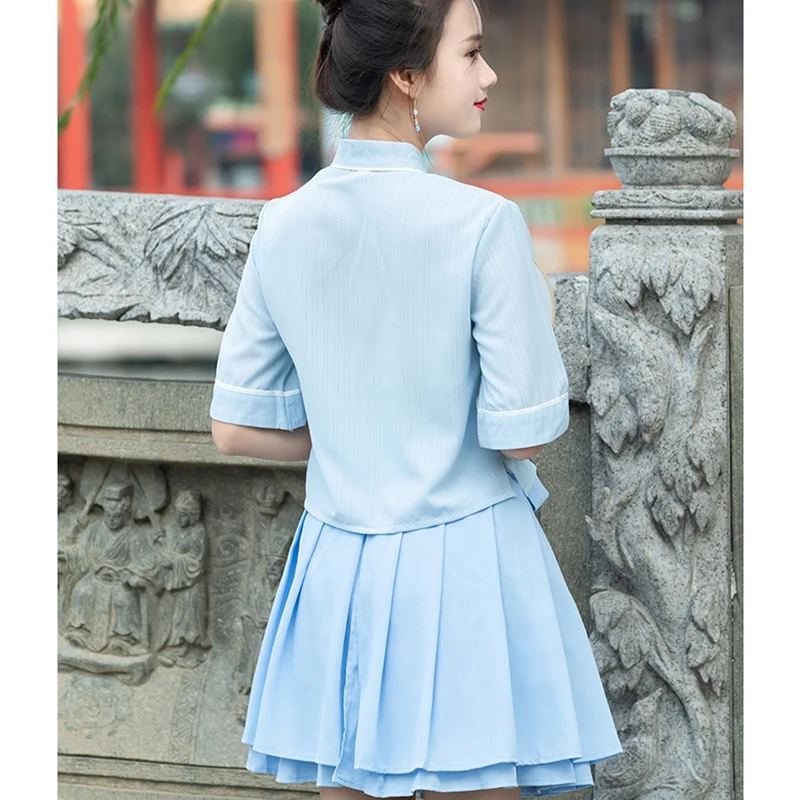 Hanfu Восточный Костюм китайская рубашка синяя плиссированная юбка Ципао летнее