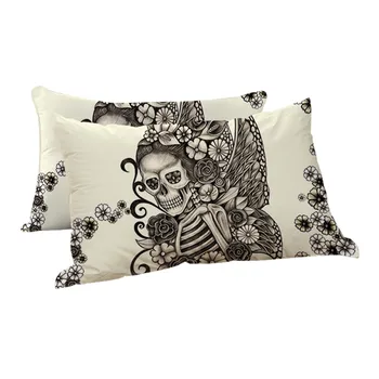 BlessLiving Gothic Skull Sleeping Pillow Retro Butterfly Rose Down Alternative Body Pillow Black Beige Skeleton Bedding 1pc 5