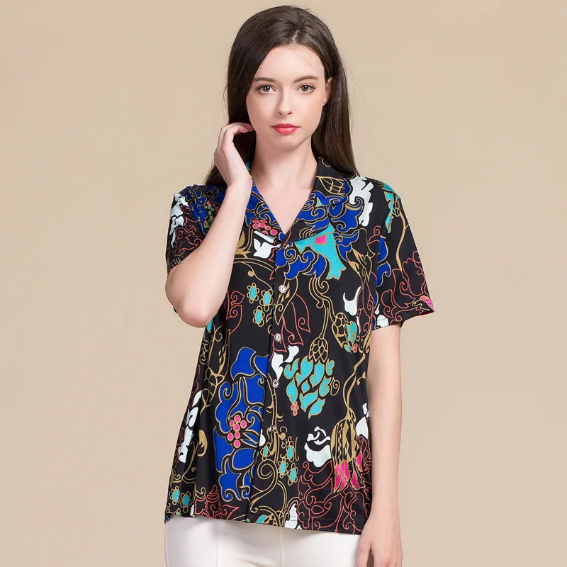 Summer Women's Real Silk Short Sleeved Shirts, 100% natural Silk Knitted Printed Large Size Lapel