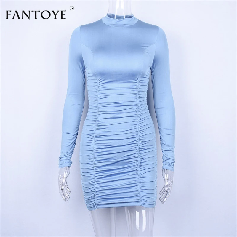 Fantoye осень зима Ruched Bodycon мини платье женское сексуальное с длинным рукавом повседневное уличное синее платье модное однотонное вечернее платье