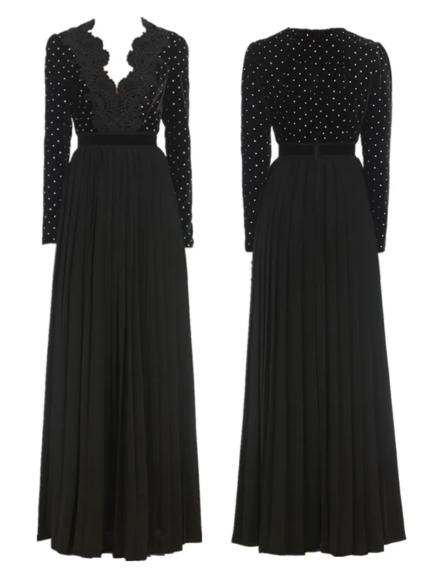 High-end Winter Black Diamonds Maxi Long Dress Women Self Portrait Patchwork Slim Bodycon Pleated Dresses Party Runway Vestidos