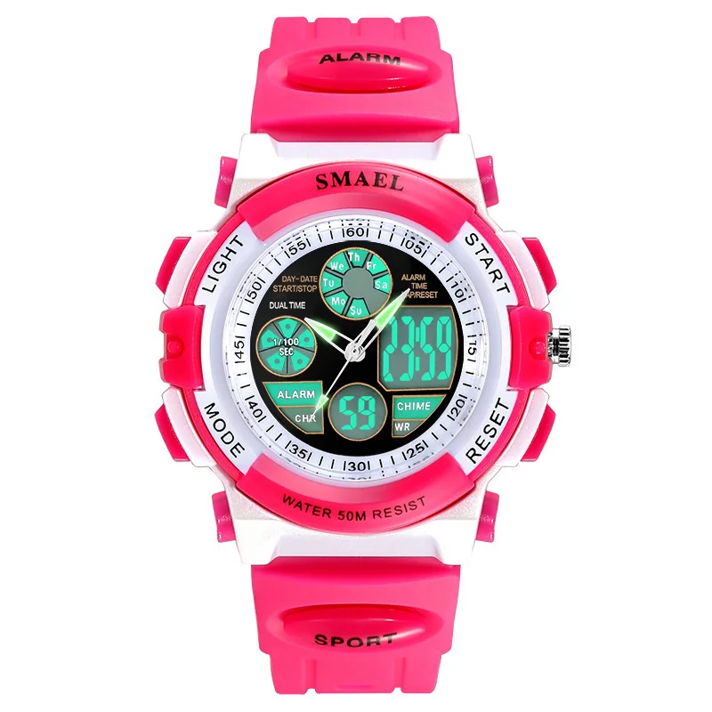 Pink Dual Детские часы для девочек цифровой SMAEL цифровые часы lcd детей 50 м Водонепроницаемый Наручные часы 0704 светодиодный студенческие часы для девочек - Цвет: Pink Dual