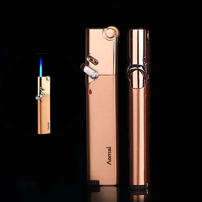 

Mini Long Strip Metal Grinding Wheel Gas Lighter Fixed Flame Butane Torch Lighter Blue Flame Windproof Gasoline Lighter
