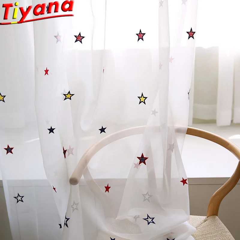 

Colorful Star Embroidery Tulle Curtains for Kid's Room Baby Room Modern White Yarn for Living Room Dreamy Sheer Tulle X-WP310#30