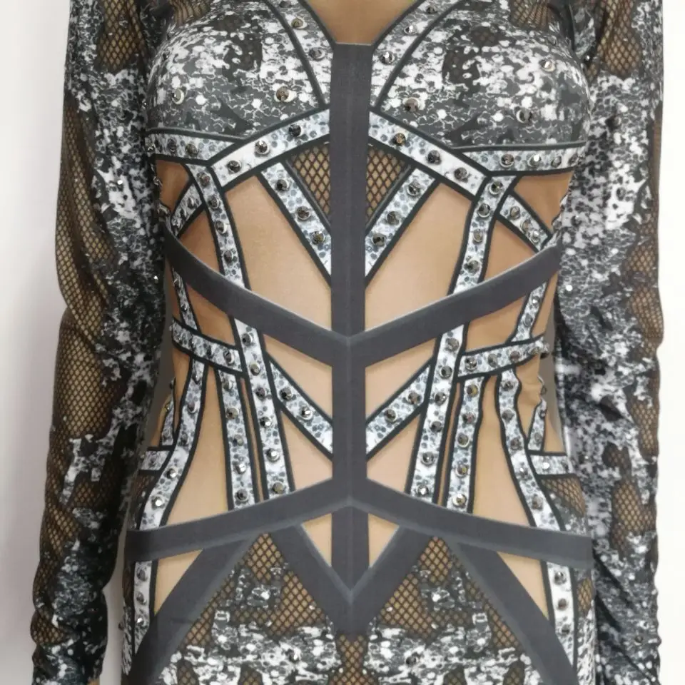 

Fashion Printing Bandage Sparkly Crystals Leotard Long Nightclub Female DJ Singer Costume Party Celebration Clothing