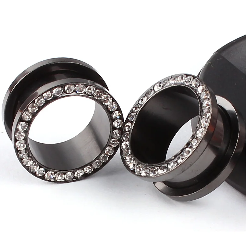 Пробки для ушей ZLDYOU черные из нержавеющей стали серьги туннели с кристаллами