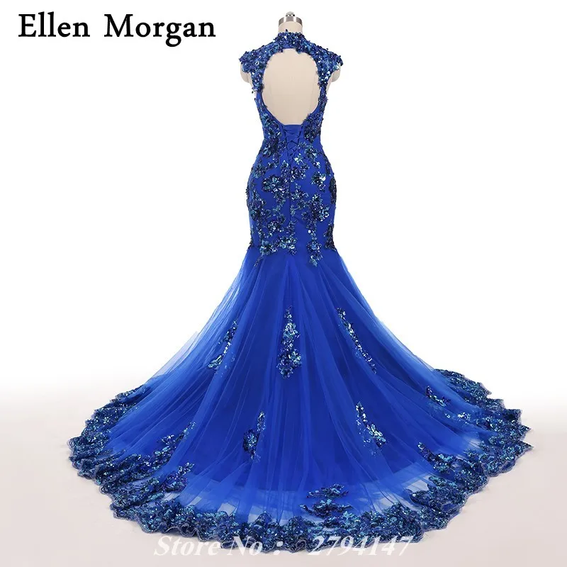 Женское вечернее платье синее кружевное с высоким воротом 2019|high neck evening dress|evening