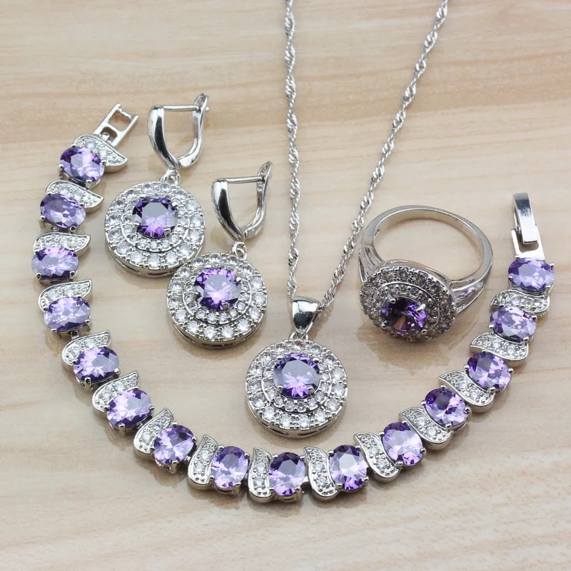 Благородный круглый фиолетовый циркон белый Кристалл Ювелирные наборы для