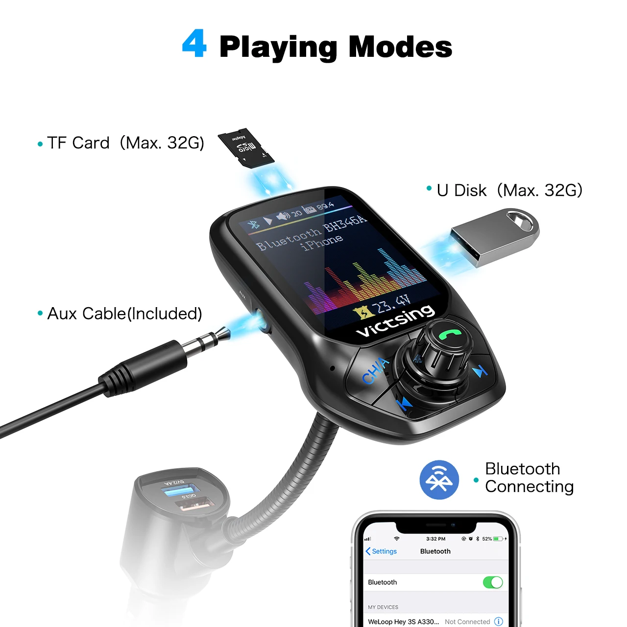 VicTsing FM Bluetooth передатчик Радио адаптер автомобильный Громкая связь вызов 3 USB порт с QC3.0 Быстрая зарядка передатчик fm-модуль