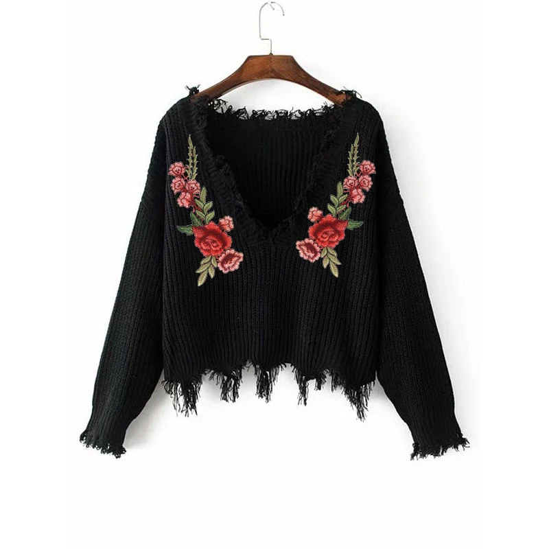 AECU Sweater Female Women's Embroidery Decal Loose Long Sleeve V-Neck Ripped Pullover Tassels Knitted Pull Femme Hiver | Женская