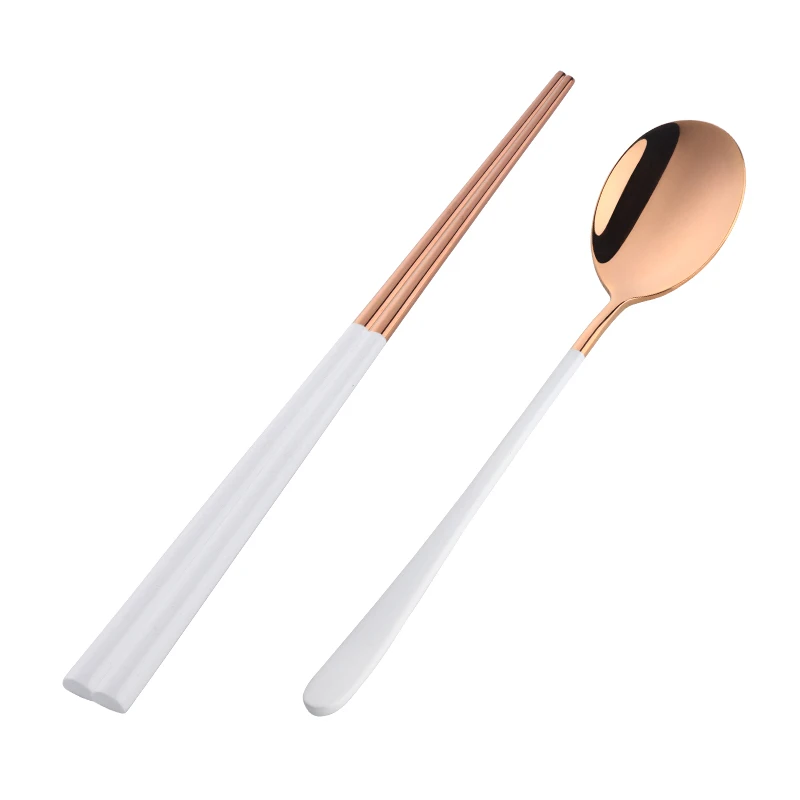 white and rose gold 1 Набор корейских многоразовых ложек набор посуды из нержавеющей стали Набор Посуды Золотой Хаши палочки для еды и ложки набор металлических палочки для суши - Цвет: white and rose gold