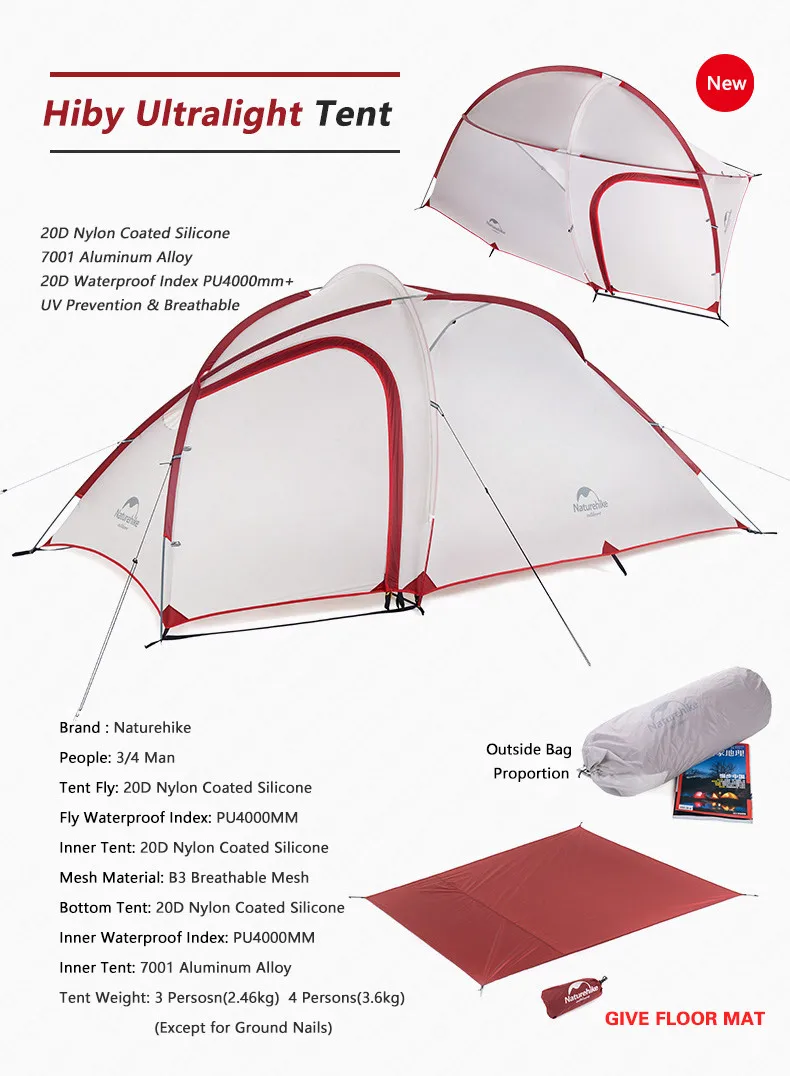 Naturehike палатка новая Hiby серия палатка 20D силиконовая ткань открытый 3-4 человек ультра-светильник 4 сезона семейный тент
