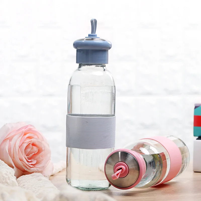 Стеклянная мультяшная бутылка для воды 420 мл с веревкой нескользящий коврик