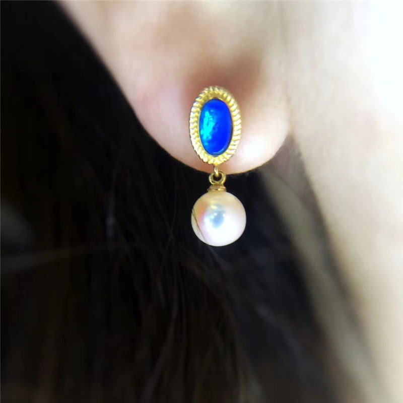 

Aazuo 18K Yellow Gold Opal Drop Earrings Natual Blue Opal Okoya Pearls for Women Engagement Wedding Link Chain Christmas Gift
