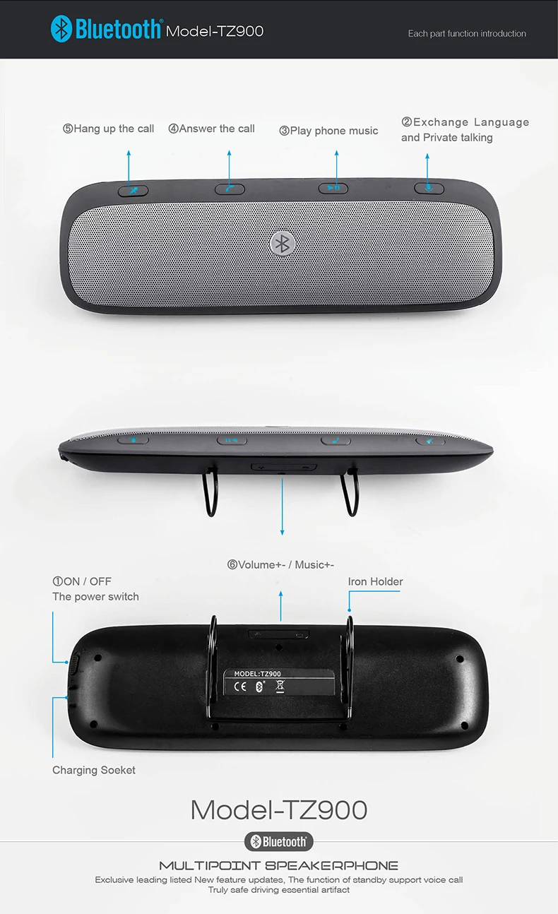 New TZ900 Sun Shade Multipoint Wireless Bluetooth Handsfree Call Car Kit Speaker Telephone Audio Music for Smartphone | Автомобили и