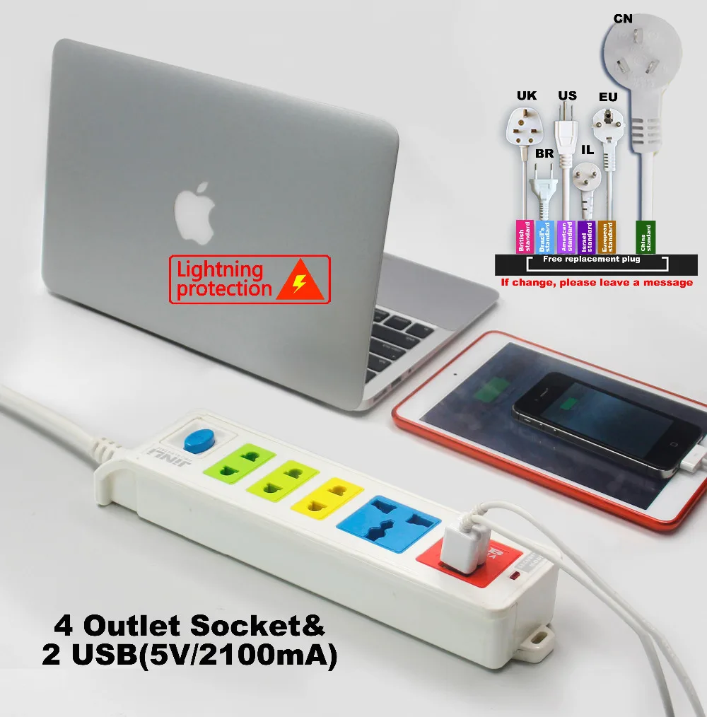 BR IL AU US UK EU plug Universal 4 Outlet Power Socket & 2 USB socket with Portable |