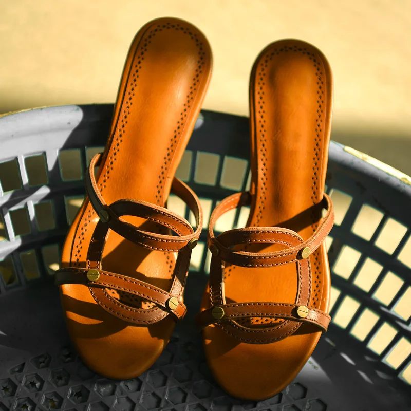 ISNOM/шлепанцы на высоком каблуке женская обувь с открытым носком из коровьей кожи